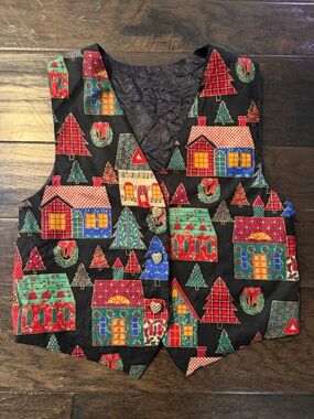 Festive Holiday Village Vest Ugly Christmas Sweater Handmade Vintage